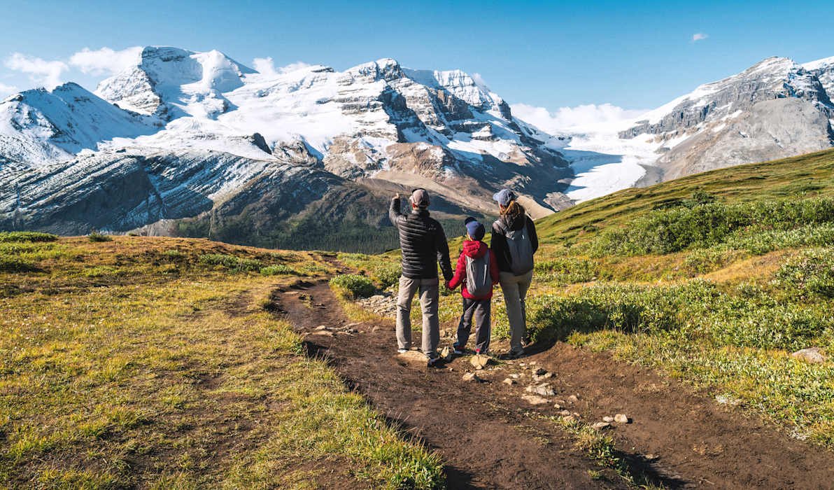 A family hiking in the Canadian Rockies